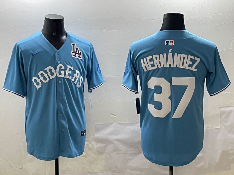 Men Los Angeles Dodgers 37 Hernandez Light Blue Joint Name 2025 Nike MLB Jersey style 18